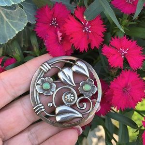 Vintage Sterling Silver Plata Green Flower Brooch
